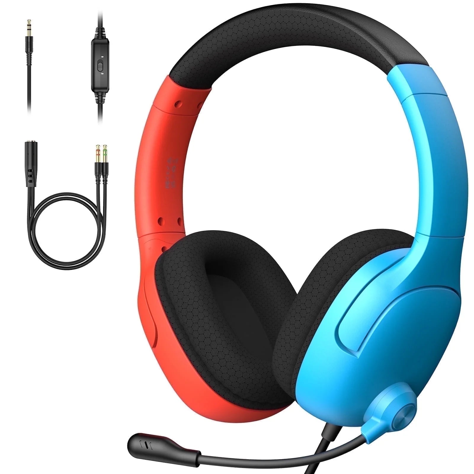 Professional Gaming Headset with Noise-Canceling Microphone for PS5, Switch, and PC - Wired Red and Blue Headphones
