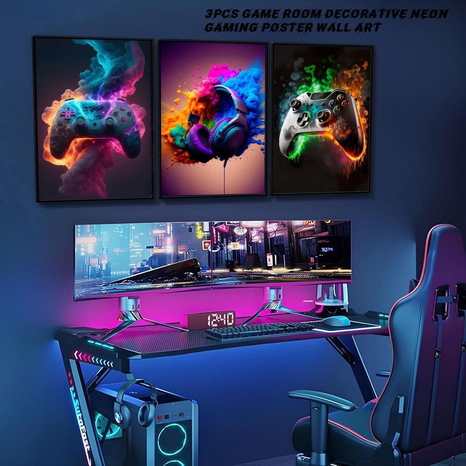 Gaming Room Decor - Set of 3 Unframed 12x16 Inch Canvas Posters, Video Game Theme for Teen Boys' Rooms
