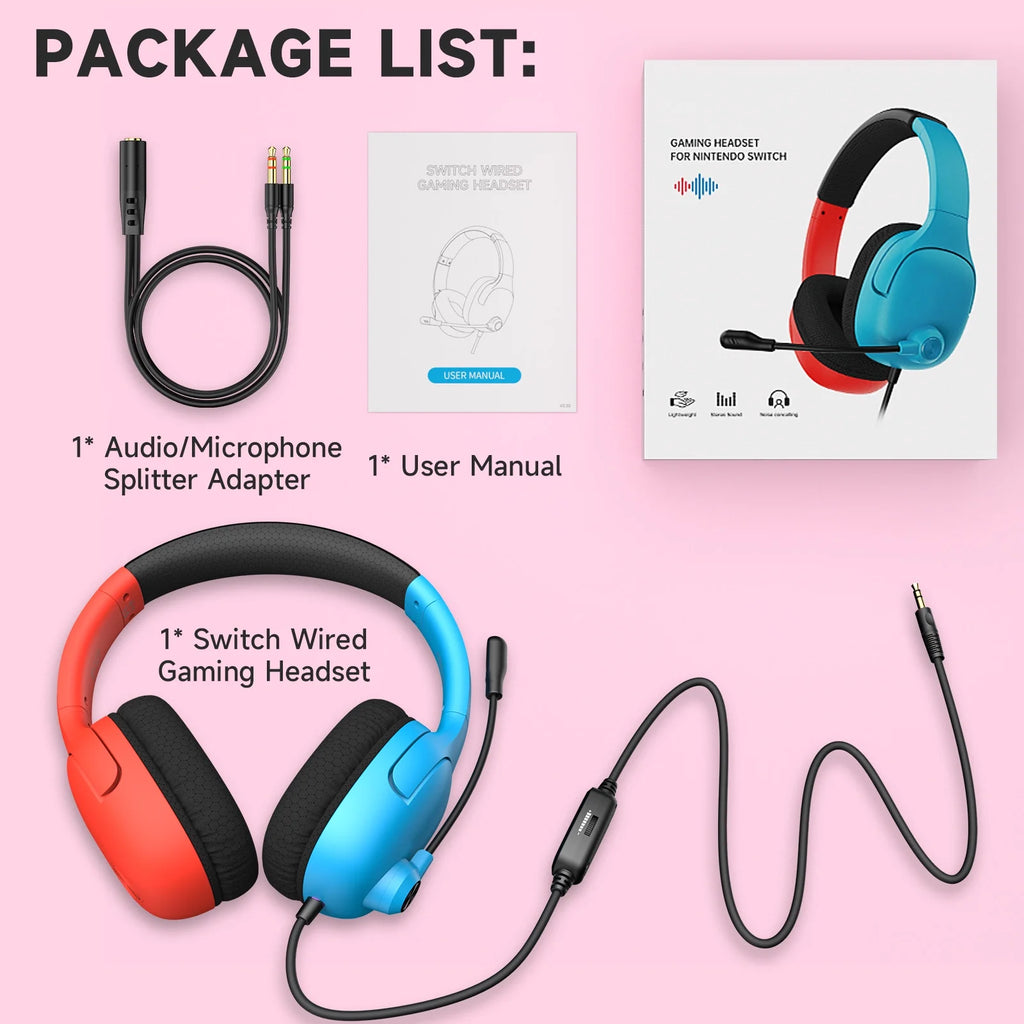 Professional Gaming Headset with Noise-Canceling Microphone for PS5, Switch, and PC - Wired Red and Blue Headphones