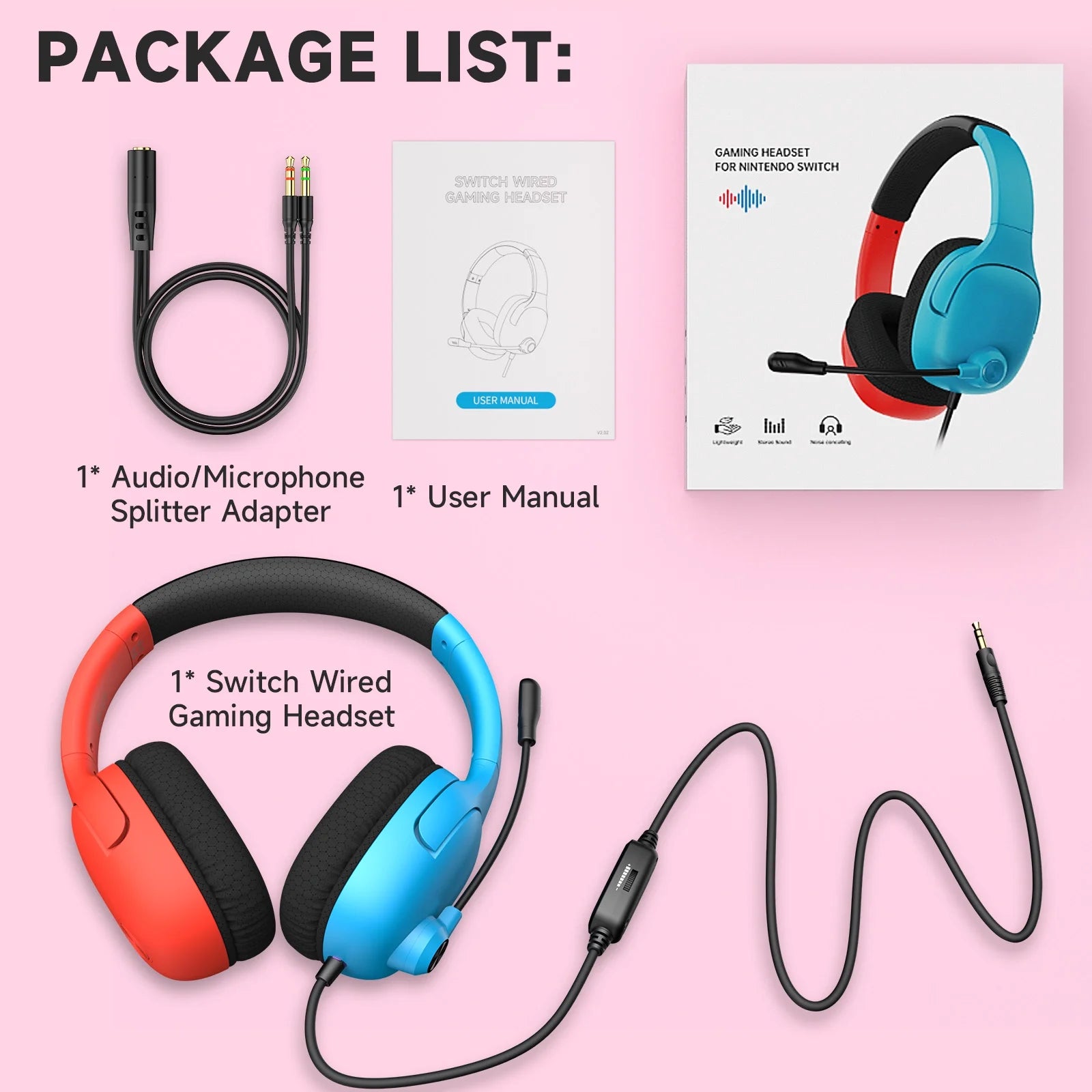 Professional Gaming Headset with Noise-Canceling Microphone for PS5, Switch, and PC - Wired Red and Blue Headphones