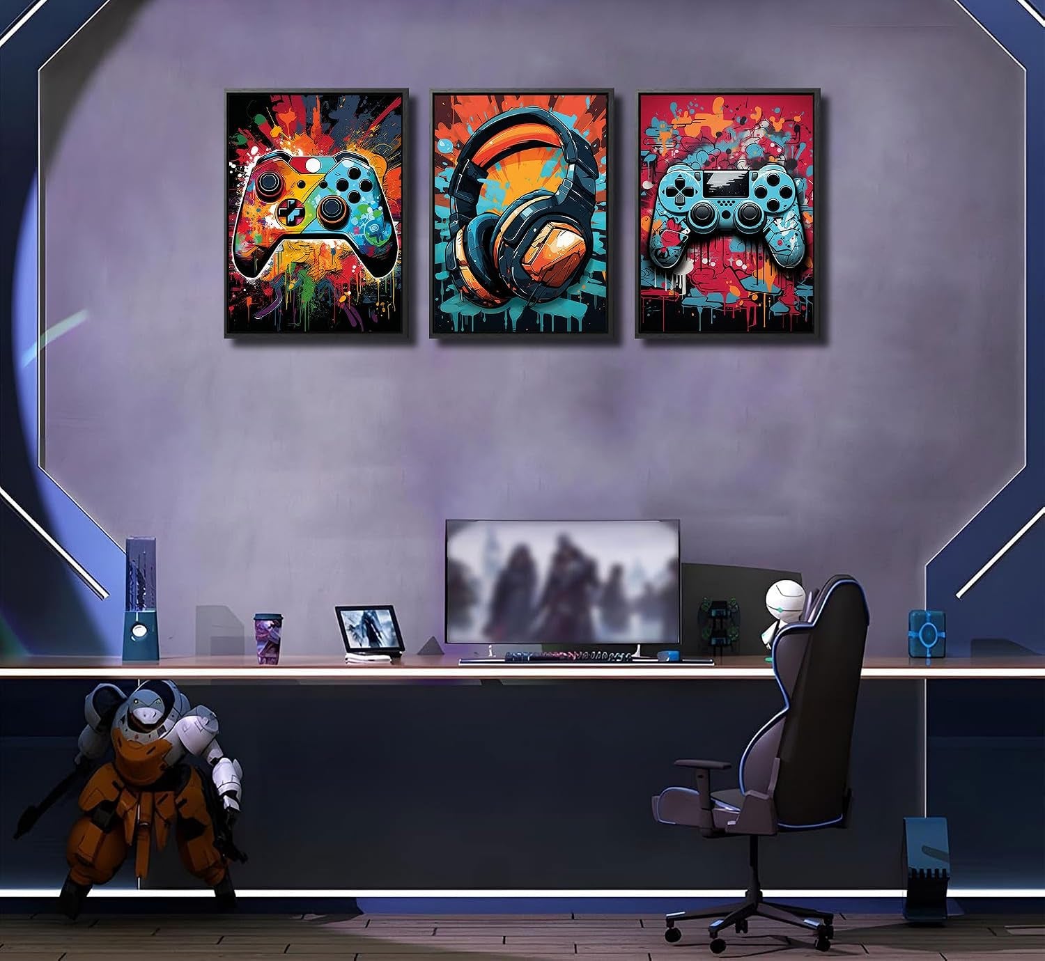 Set of 3 Retro Video Game Watercolor Canvas Art Prints for Boys' Rooms - Colorful Neon Gamepad Decor