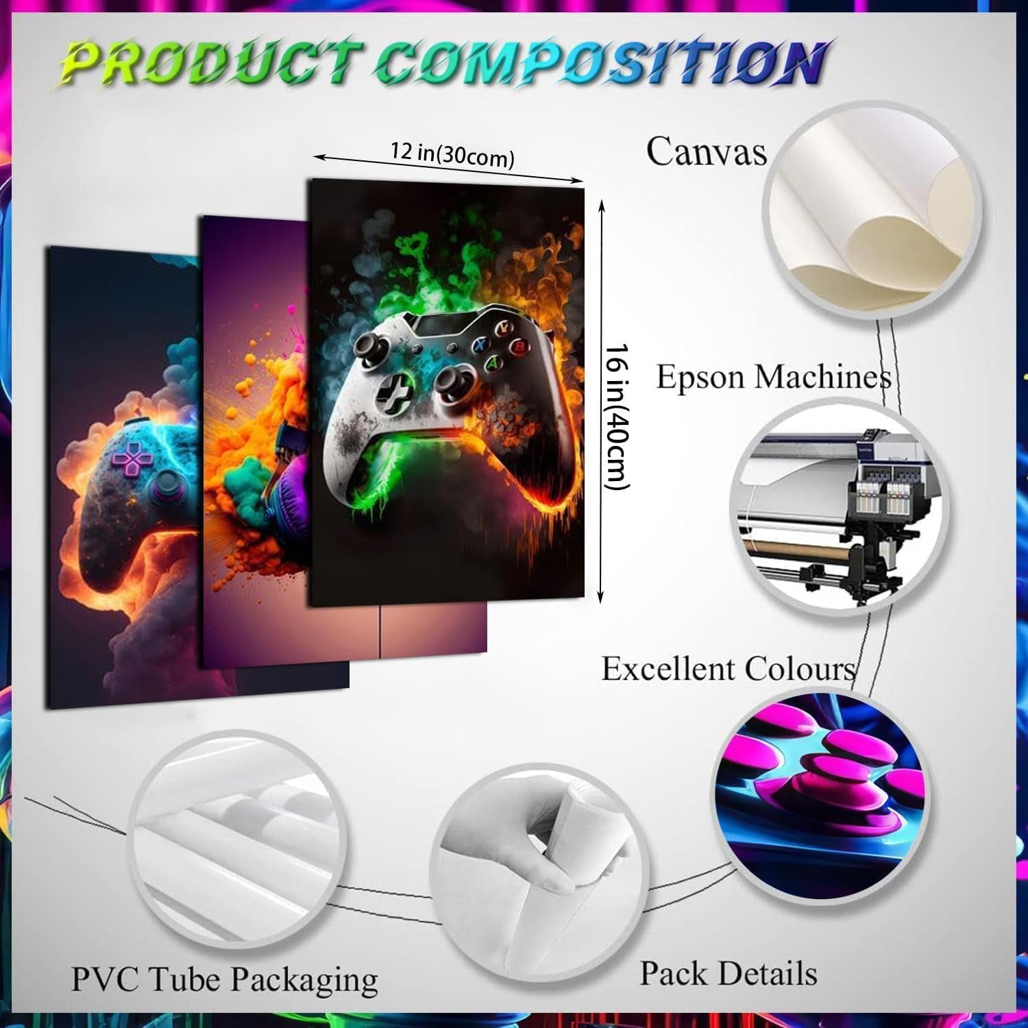 Gaming Room Decor - Set of 3 Unframed 12x16 Inch Canvas Posters, Video Game Theme for Teen Boys' Rooms