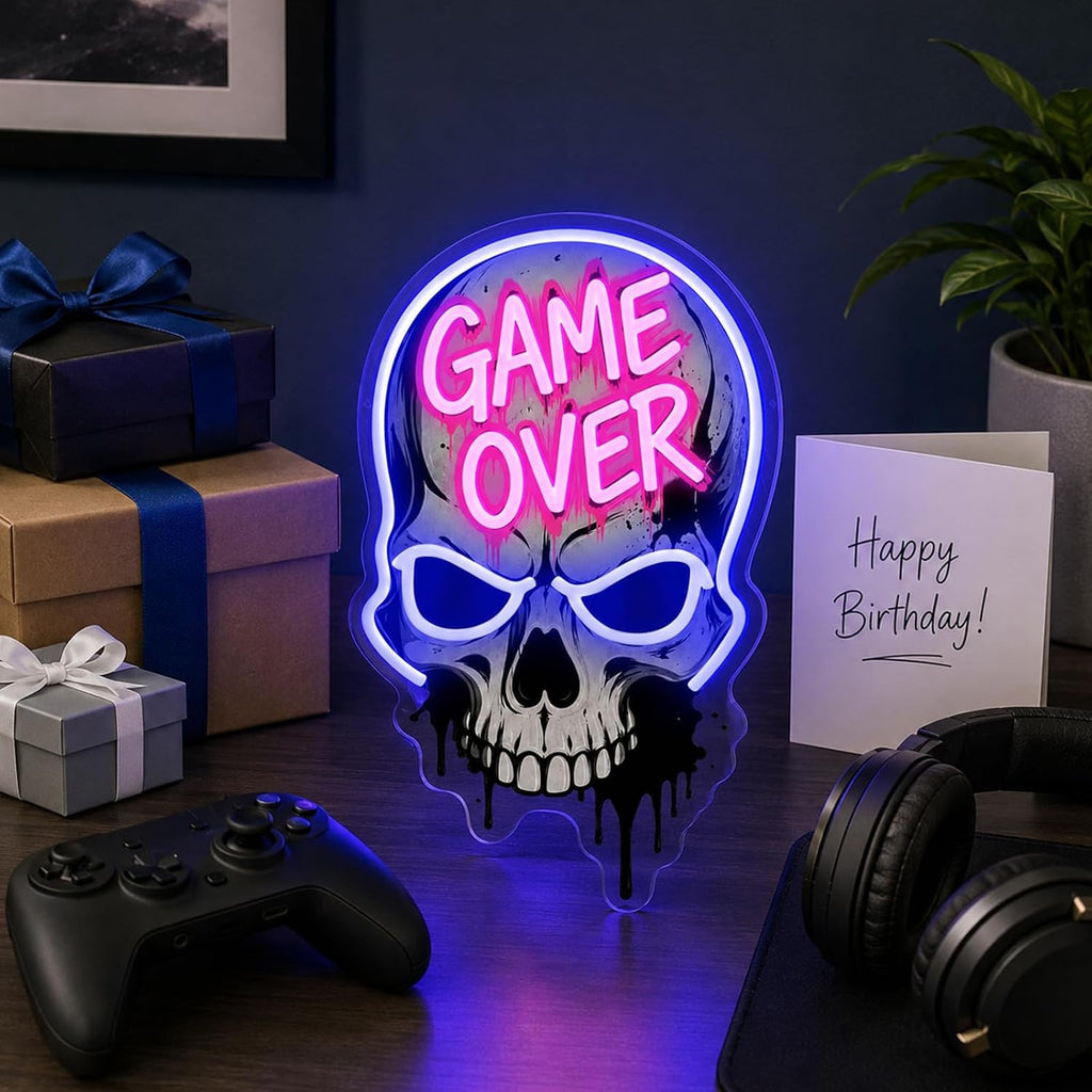 Game Over Skull LED Neon Sign - Dimmable USB Gaming Room Decor with UV Printed Acrylic Design for Streamer Background Setup