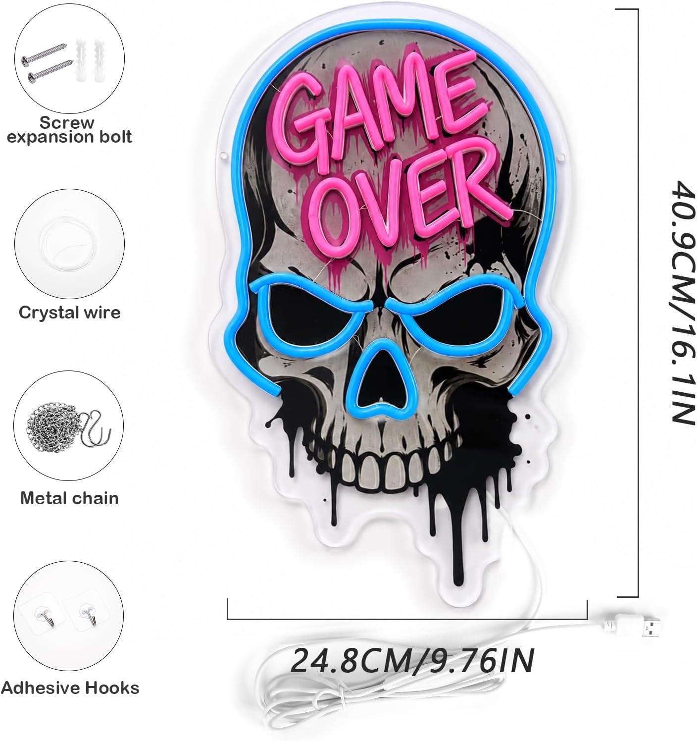 Game Over Skull LED Neon Sign - Dimmable USB Gaming Room Decor with UV Printed Acrylic Design for Streamer Background Setup