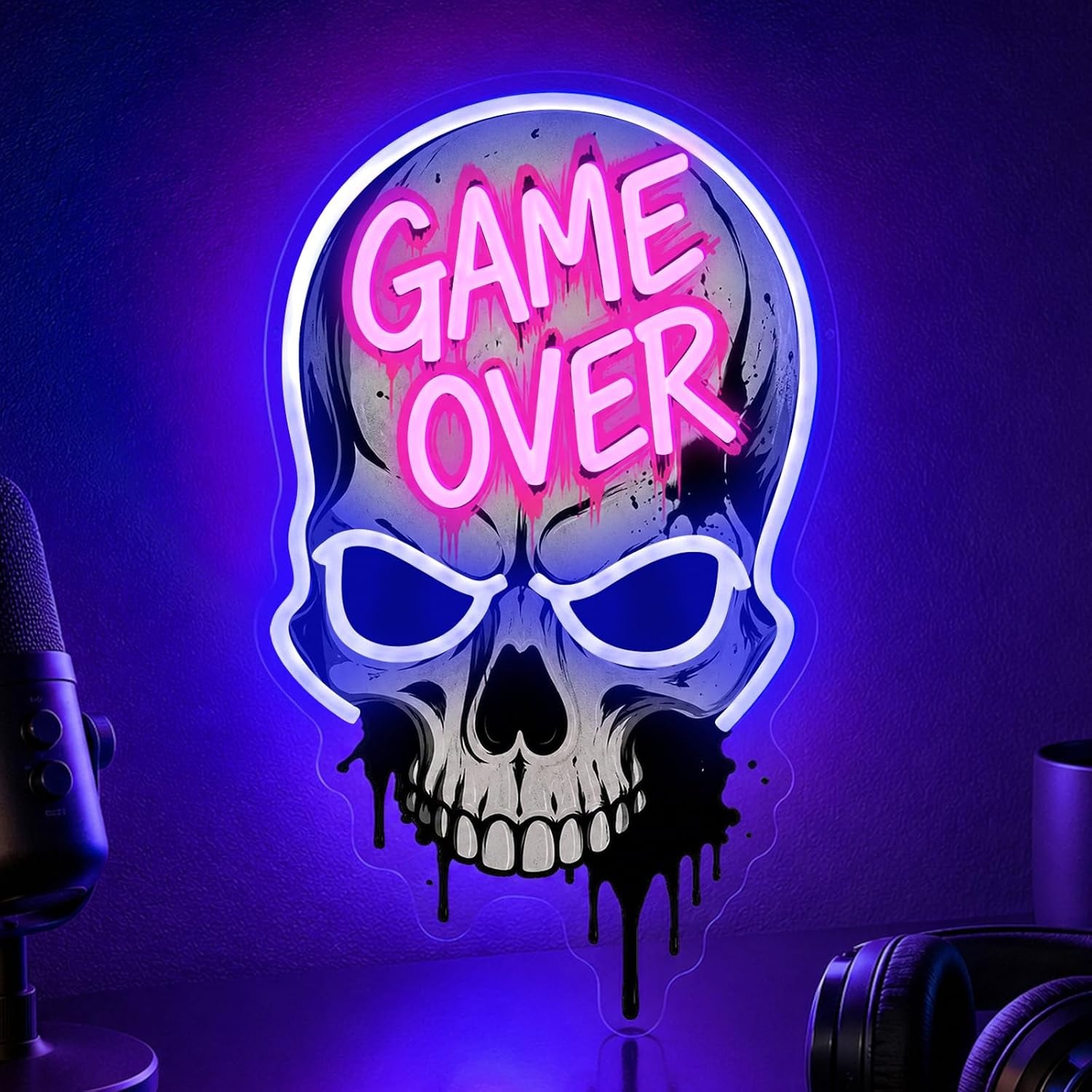 Game Over Skull LED Neon Sign - Dimmable USB Gaming Room Decor with UV Printed Acrylic Design for Streamer Background Setup