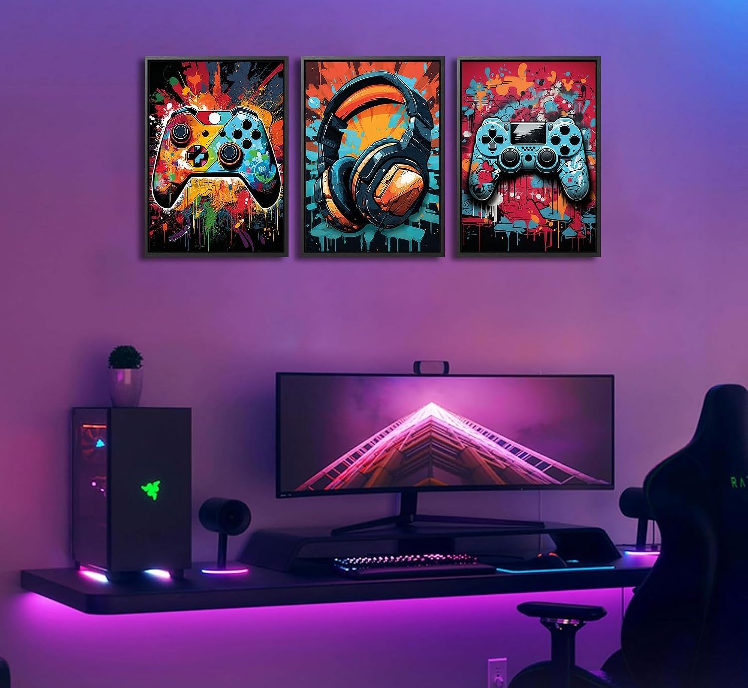 Set of 3 Retro Video Game Watercolor Canvas Art Prints for Boys' Rooms - Colorful Neon Gamepad Decor