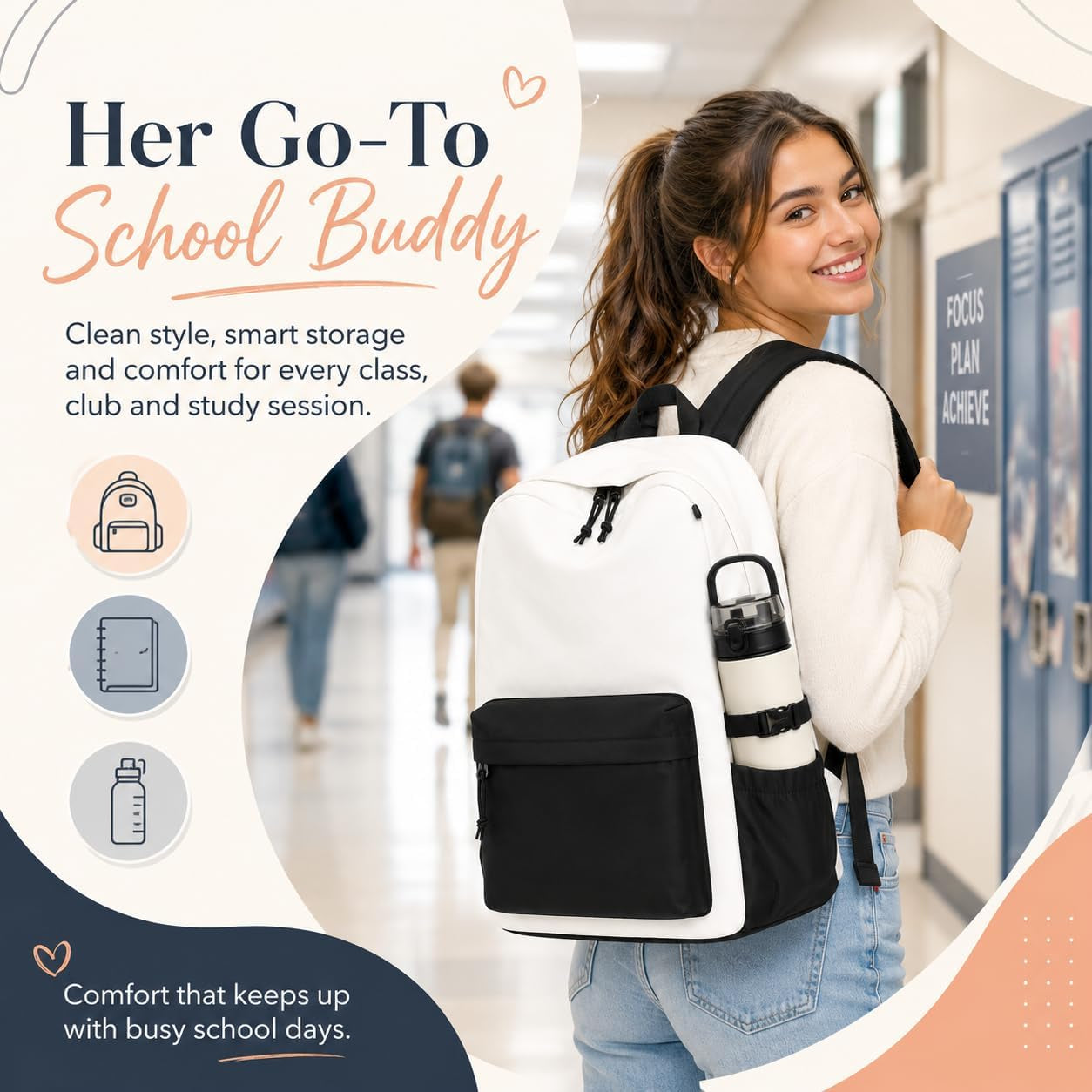 Backpack for Girls School Backpacks Bookbags for Elementary Middle School Women Laptop Backpacks (Black White-, L-17)