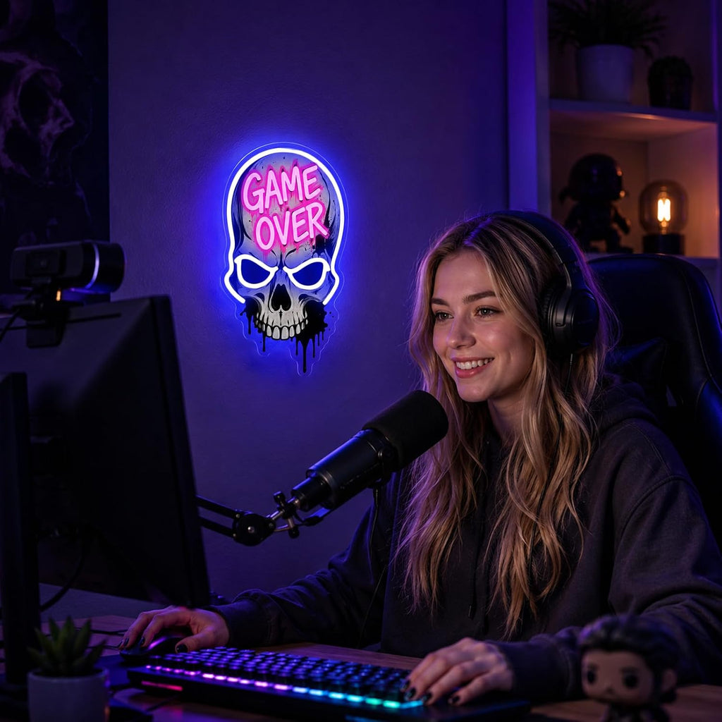 Game Over Skull LED Neon Sign - Dimmable USB Gaming Room Decor with UV Printed Acrylic Design for Streamer Background Setup