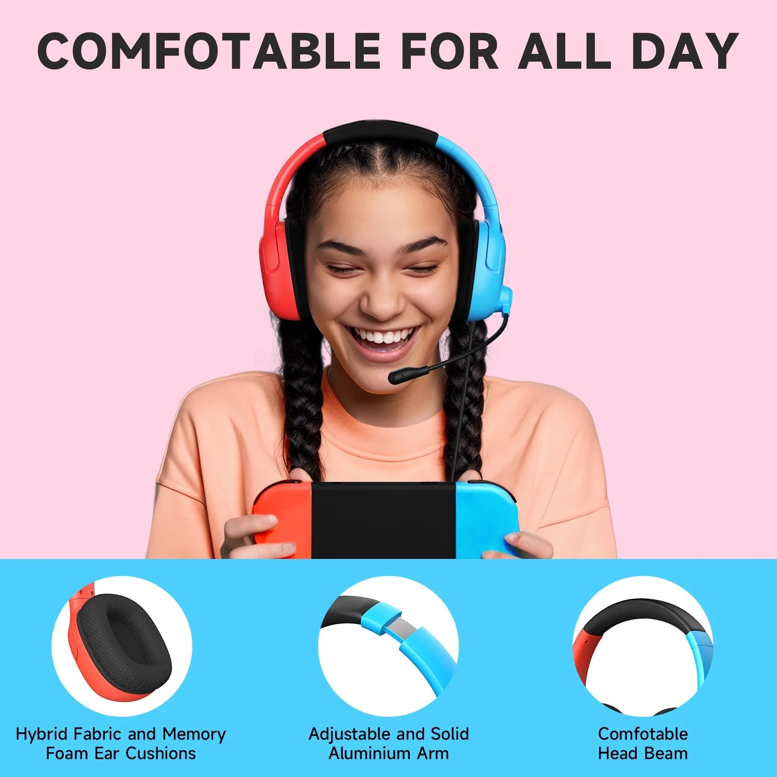 Professional Gaming Headset with Noise-Canceling Microphone for PS5, Switch, and PC - Wired Red and Blue Headphones