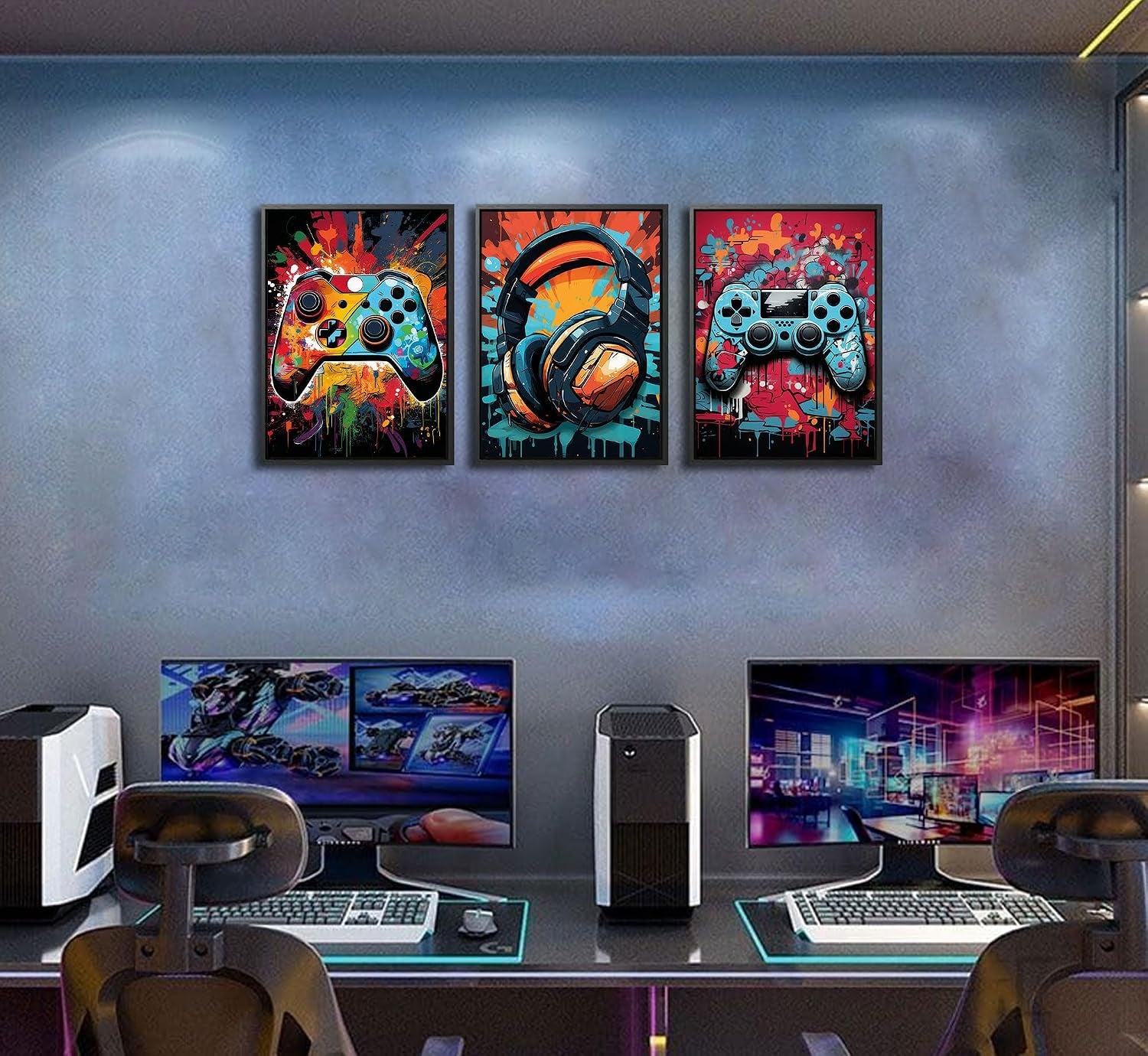 Set of 3 Retro Video Game Watercolor Canvas Art Prints for Boys' Rooms - Colorful Neon Gamepad Decor