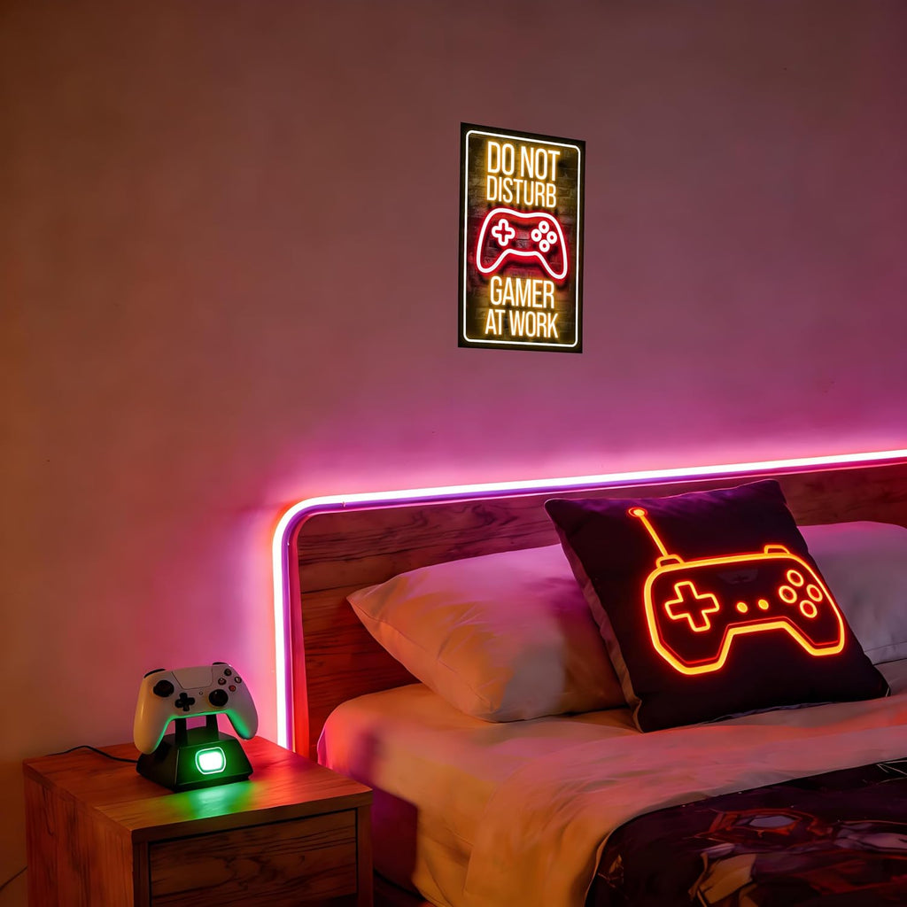 12x8 Inch Neon Aluminum Gaming Sign for Boys' Teen Rooms | Retro Merchandise, Video Game Novelties, Arcade Collectibles, Male Artwork, Hobby Accessories