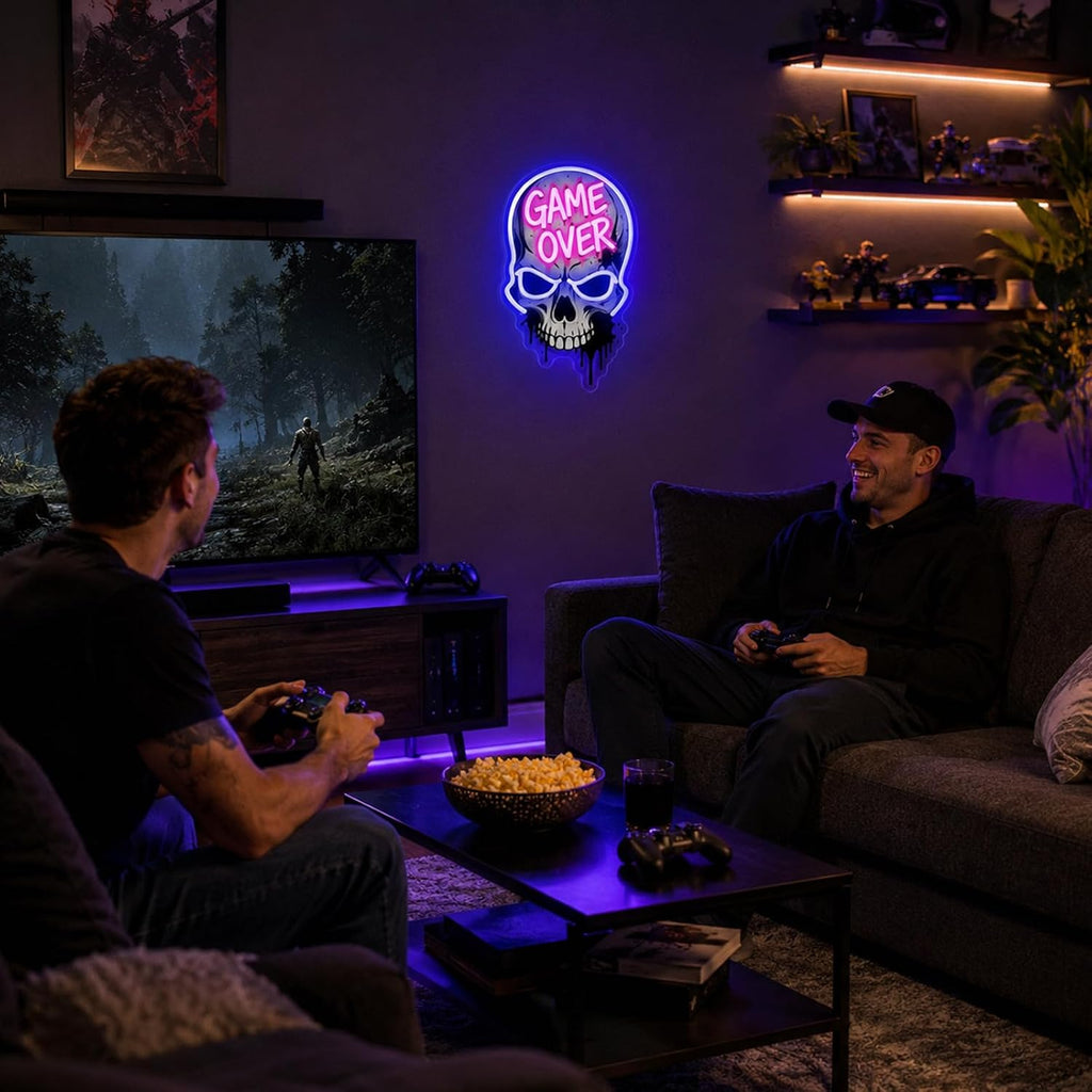Game Over Skull LED Neon Sign - Dimmable USB Gaming Room Decor with UV Printed Acrylic Design for Streamer Background Setup