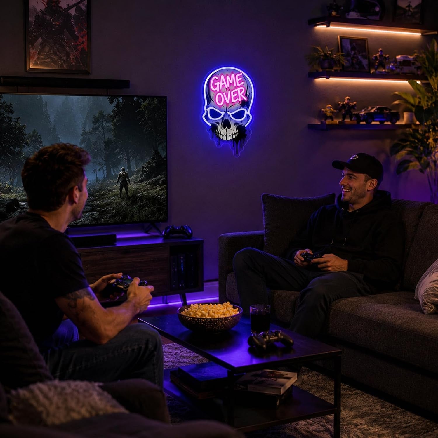 Game Over Skull LED Neon Sign - Dimmable USB Gaming Room Decor with UV Printed Acrylic Design for Streamer Background Setup