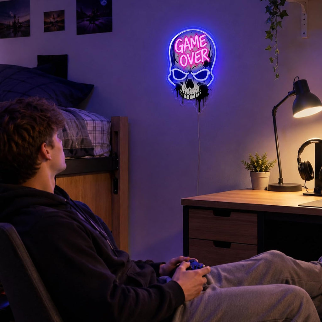 Game Over Skull LED Neon Sign - Dimmable USB Gaming Room Decor with UV Printed Acrylic Design for Streamer Background Setup