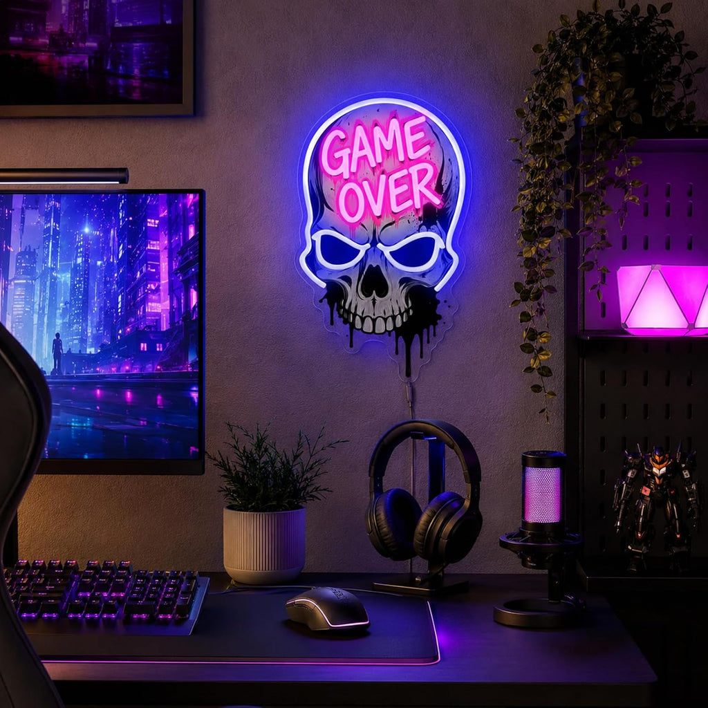 Game Over Skull LED Neon Sign - Dimmable USB Gaming Room Decor with UV Printed Acrylic Design for Streamer Background Setup