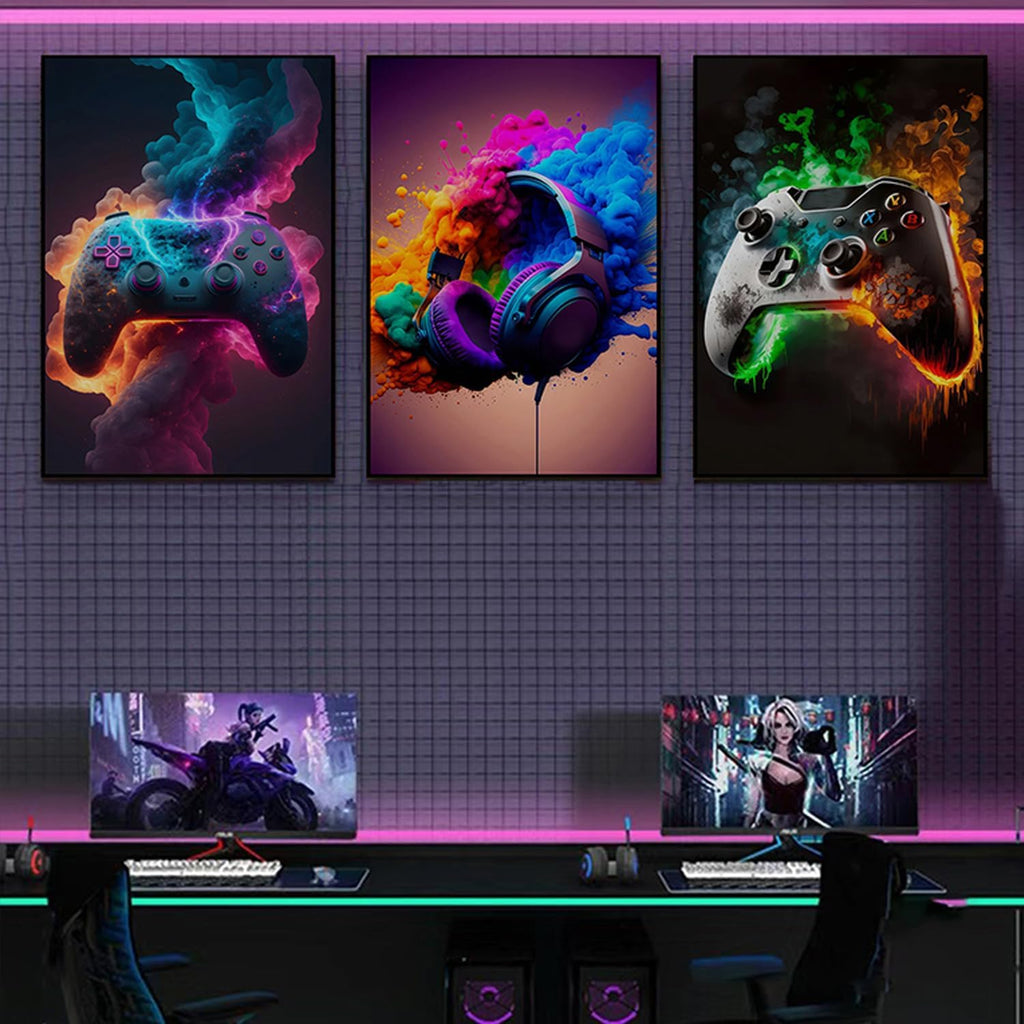 Gaming Room Decor - Set of 3 Unframed 12x16 Inch Canvas Posters, Video Game Theme for Teen Boys' Rooms