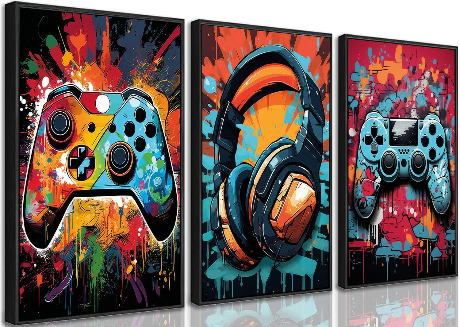 Set of 3 Retro Video Game Watercolor Canvas Art Prints for Boys' Rooms - Colorful Neon Gamepad Decor