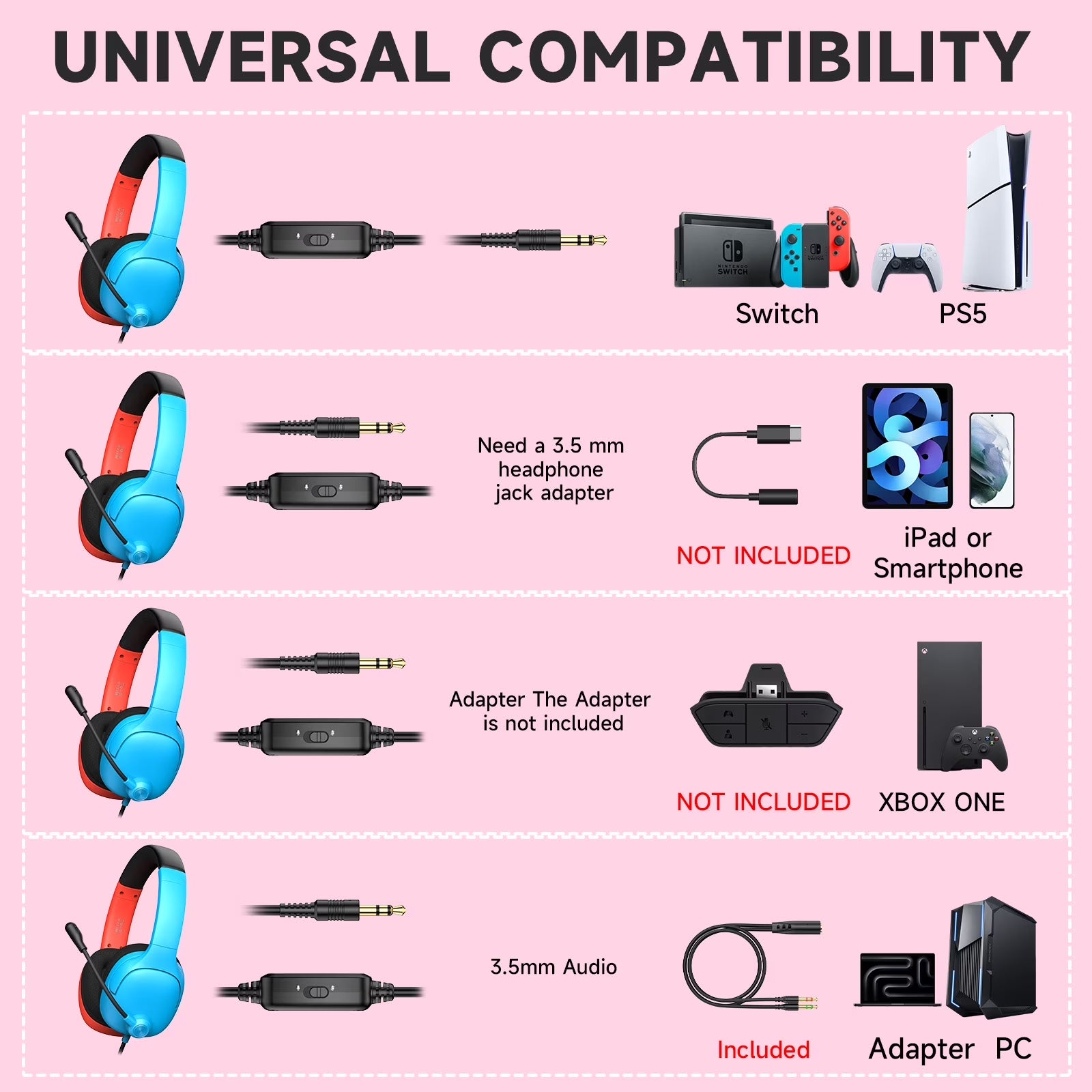 Professional Gaming Headset with Noise-Canceling Microphone for PS5, Switch, and PC - Wired Red and Blue Headphones
