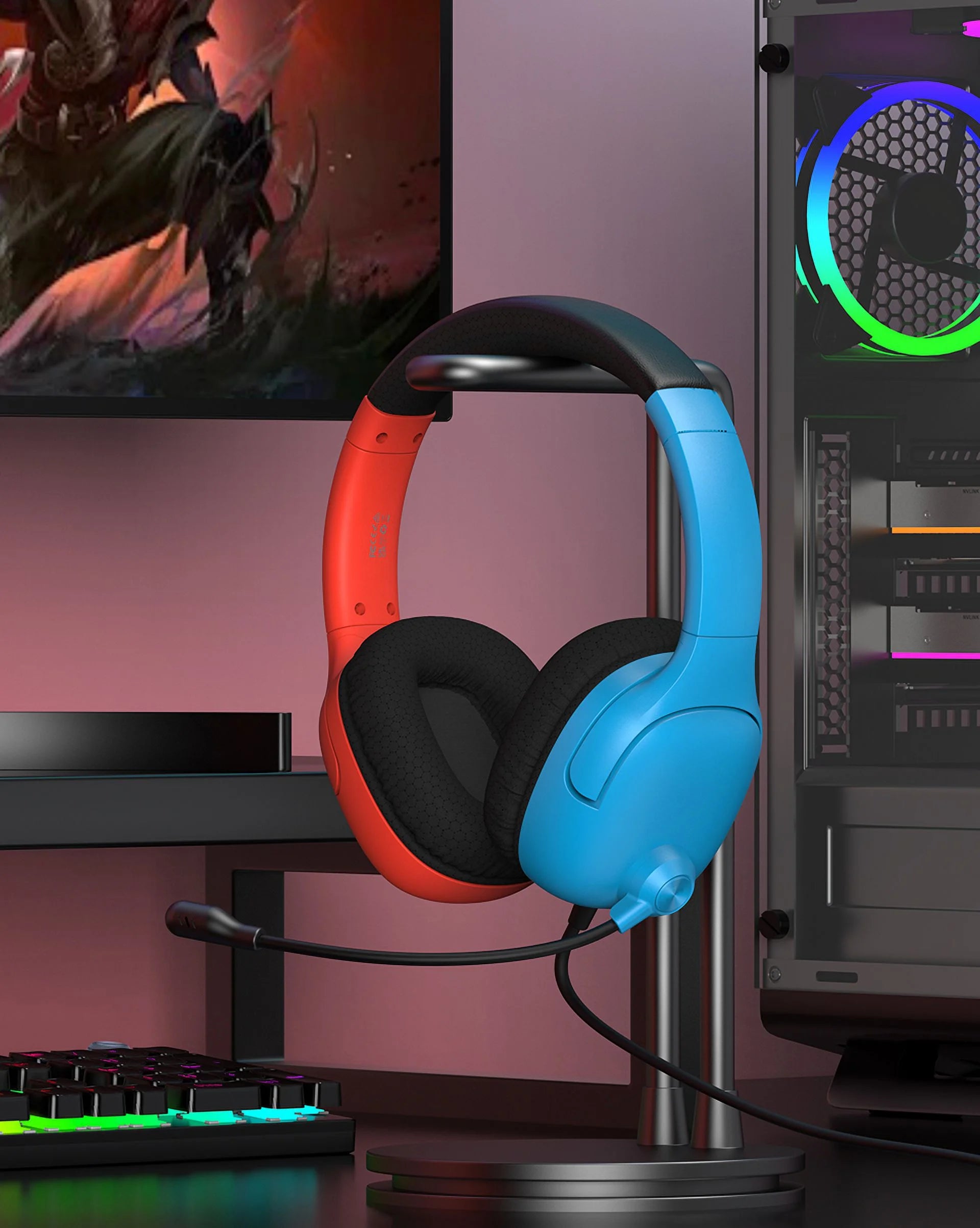 Professional Gaming Headset with Noise-Canceling Microphone for PS5, Switch, and PC - Wired Red and Blue Headphones