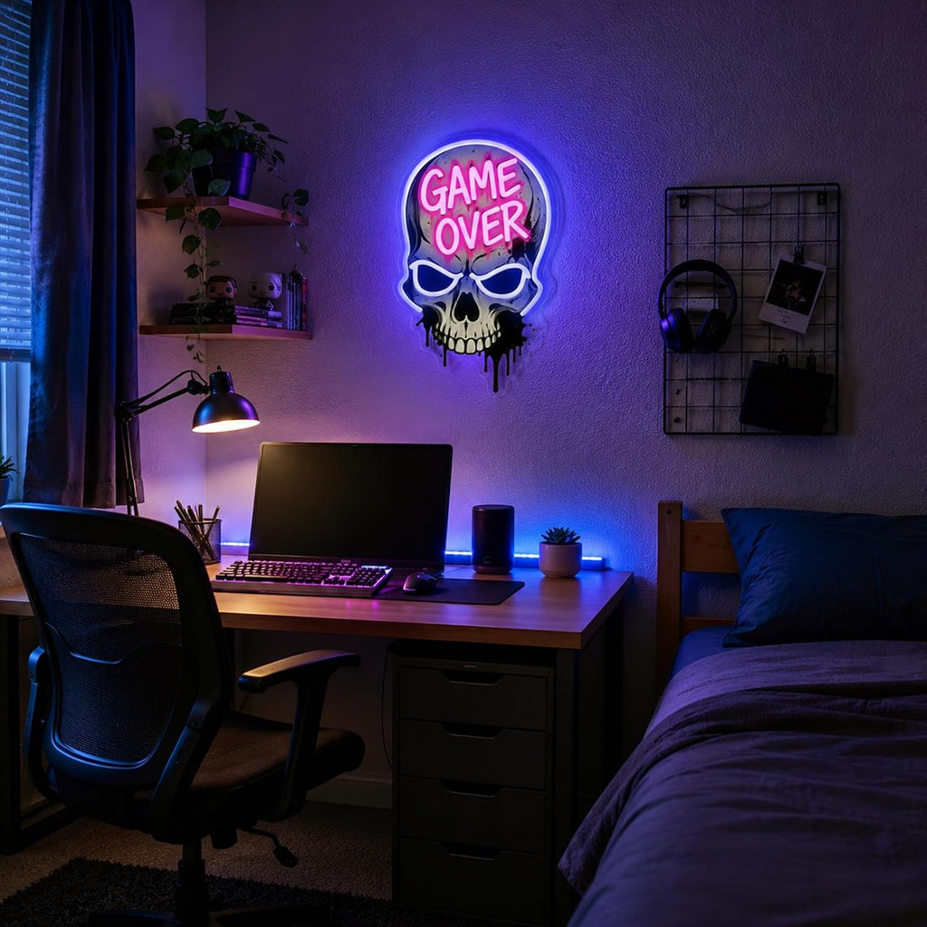 Game Over Skull LED Neon Sign - Dimmable USB Gaming Room Decor with UV Printed Acrylic Design for Streamer Background Setup