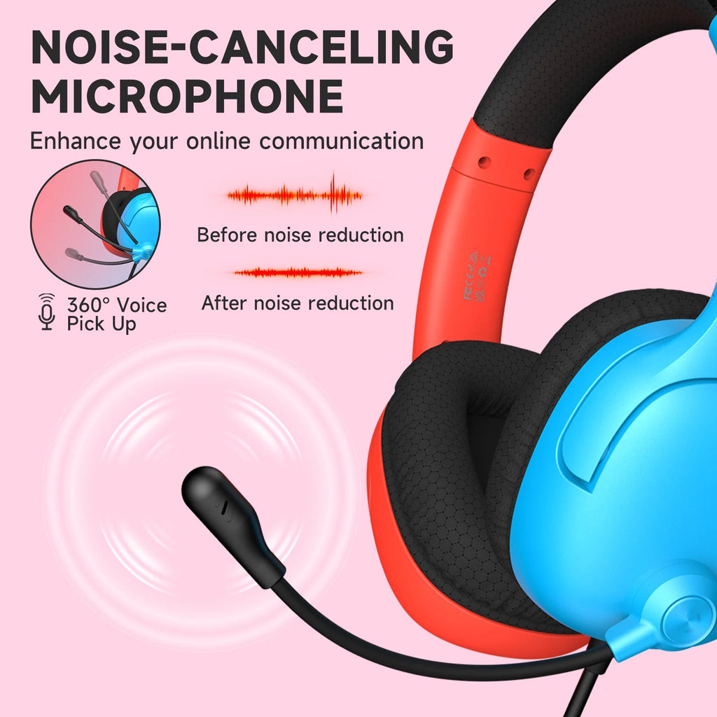 Professional Gaming Headset with Noise-Canceling Microphone for PS5, Switch, and PC - Wired Red and Blue Headphones